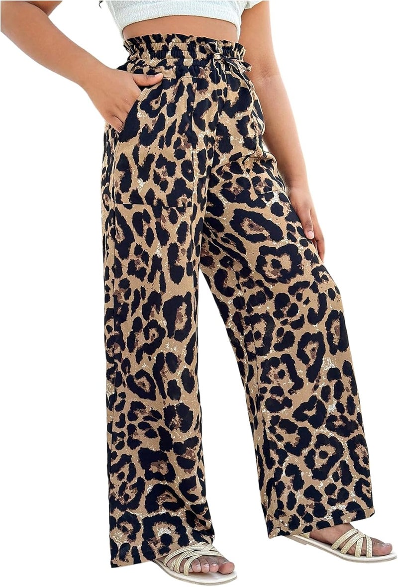 OYOANGLE Girl's Leopard Pants Elastic Waist Tie Front Straight Leg Casual Trousers with Pocket - Image 1